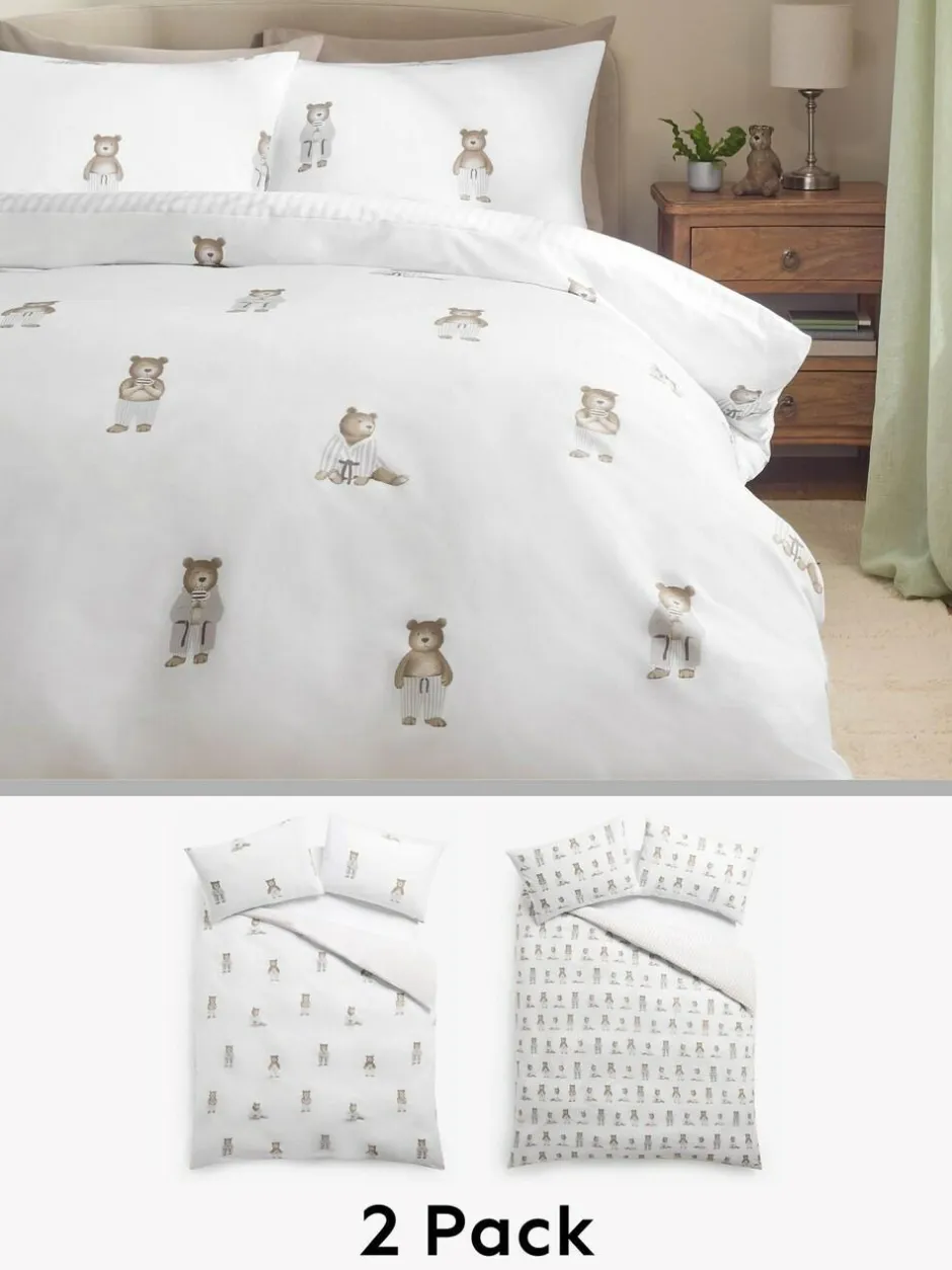 Next 2 Pack White/Natural Bertie Bear Reversible Duvet Cover and Pillowcase Set Sale