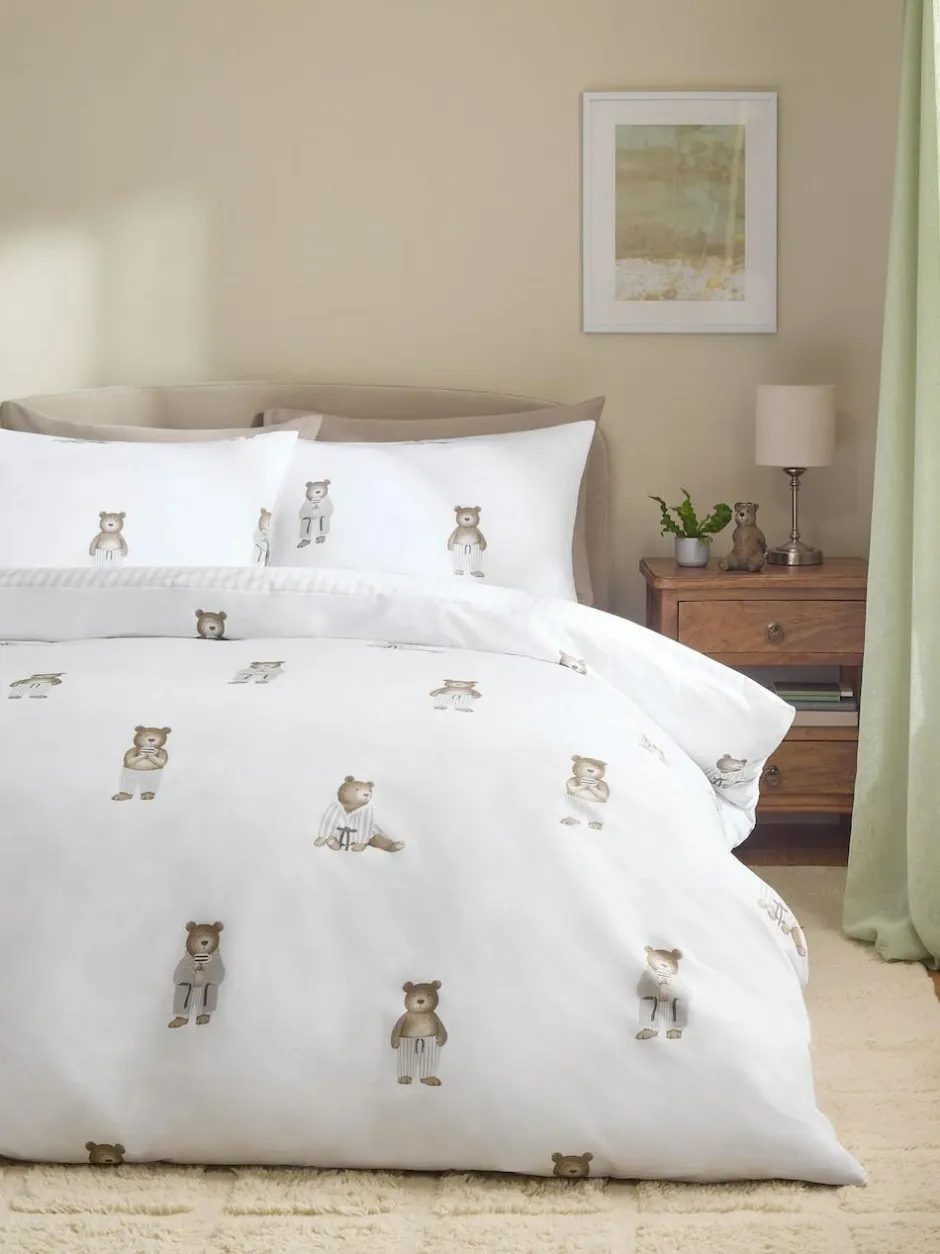 Next 2 Pack White/Natural Bertie Bear Reversible Duvet Cover and Pillowcase Set Sale