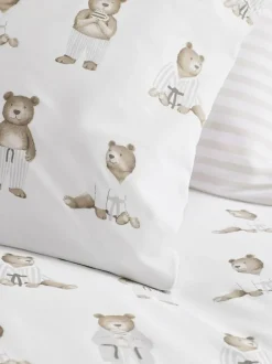 Next 2 Pack White/Natural Bertie Bear Reversible Duvet Cover and Pillowcase Set Sale