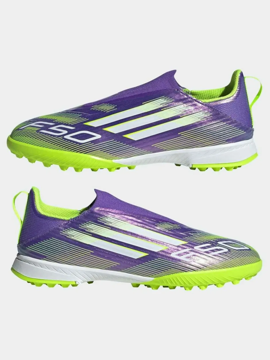 adidas Purple/Lime Kids F50 League Laceless Turf Boots Outlet