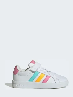 adidas White/Multi Grand Court 3.0 Elastic Lace Kids Trainers Outlet