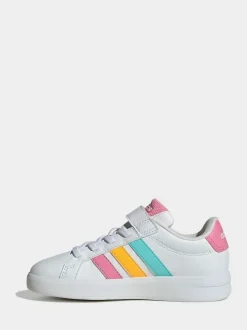 adidas White/Multi Grand Court 3.0 Elastic Lace Kids Trainers Outlet