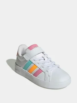 adidas White/Multi Grand Court 3.0 Elastic Lace Kids Trainers Outlet