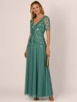 Adrianna Papell Green Studio Beaded Mesh Long Dress New
