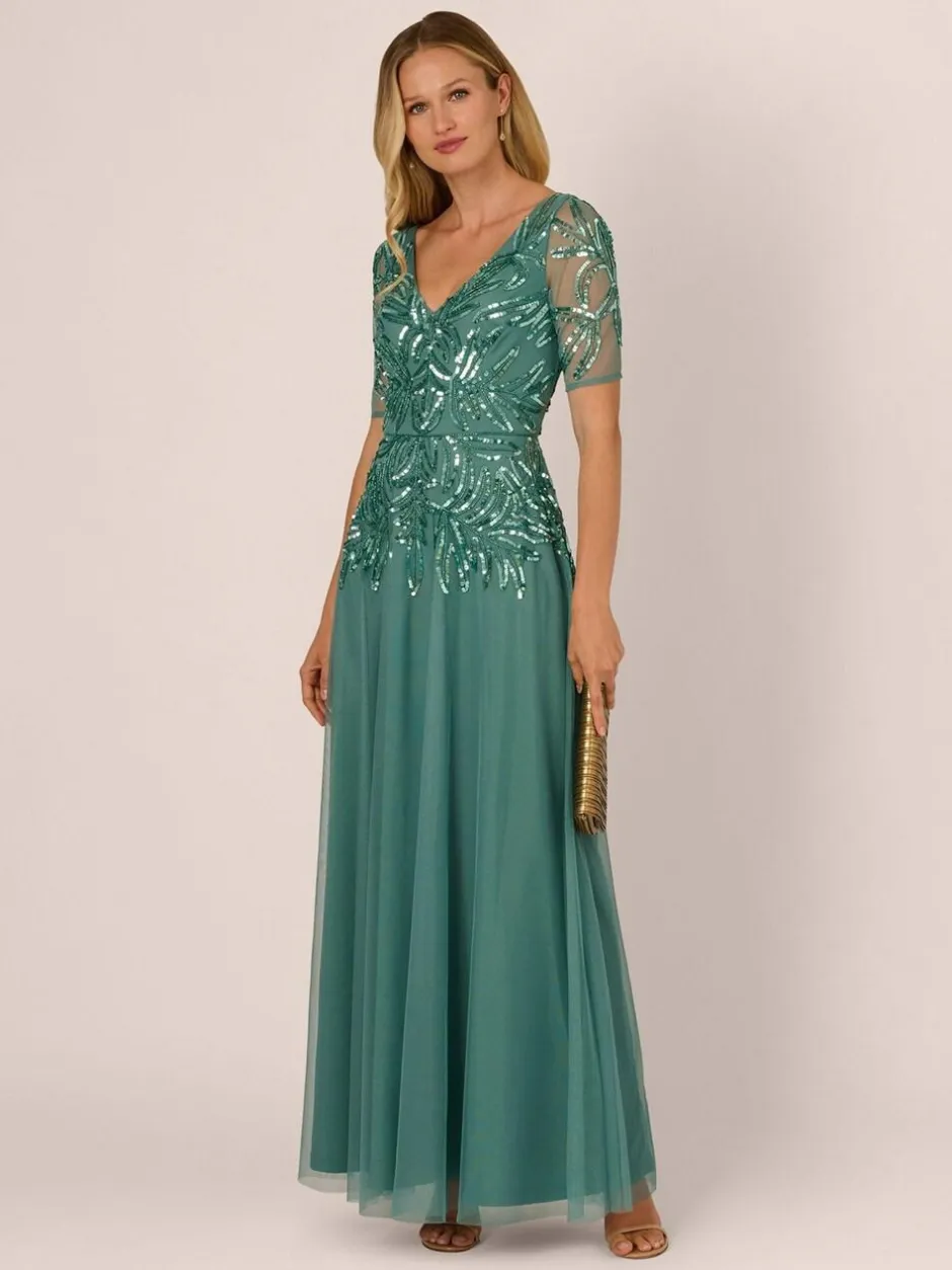 Adrianna Papell Green Studio Beaded Mesh Long Dress New