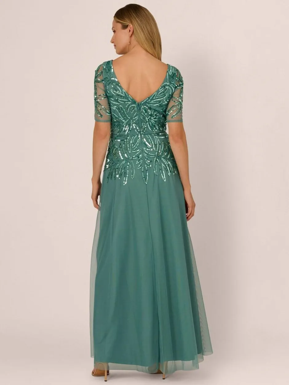 Adrianna Papell Green Studio Beaded Mesh Long Dress New