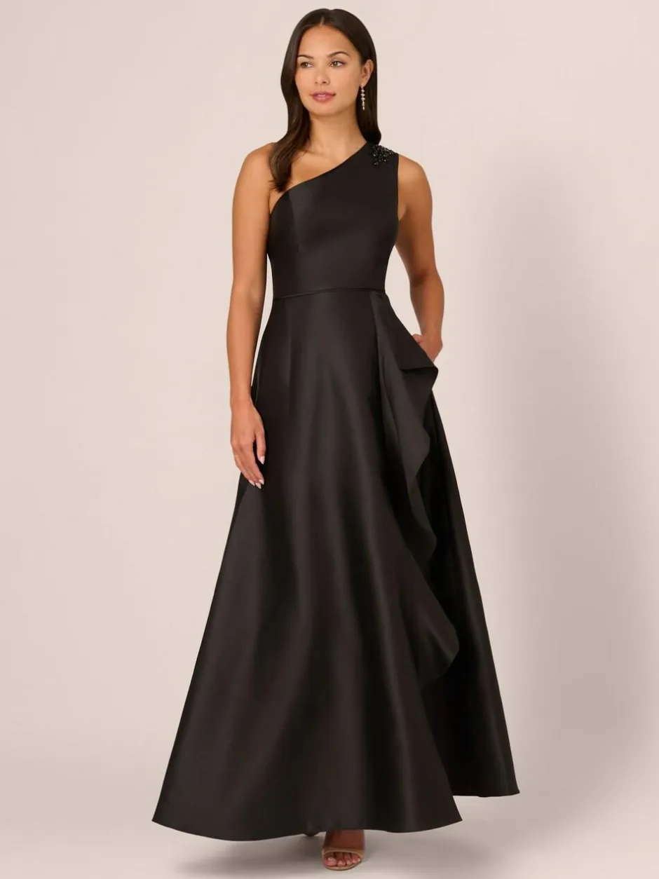 Adrianna Papell Studio One Shoulder Mikado Black Gown Hot