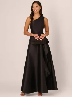 Adrianna Papell Studio One Shoulder Mikado Black Gown Hot