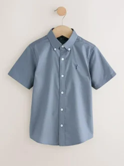Next Airforce Blue Logo Short Sleeve Cotton Rich Oxford Shirt (3-16yrs) New