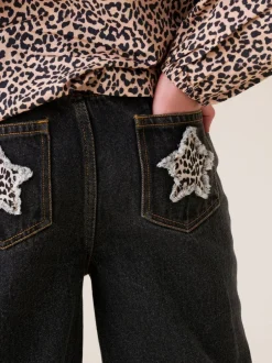 Angel & Rocket Black Piper Leopard Print Star Applique Wide Leg Jeans Hot