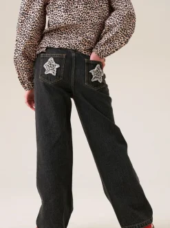 Angel & Rocket Black Piper Leopard Print Star Applique Wide Leg Jeans Hot