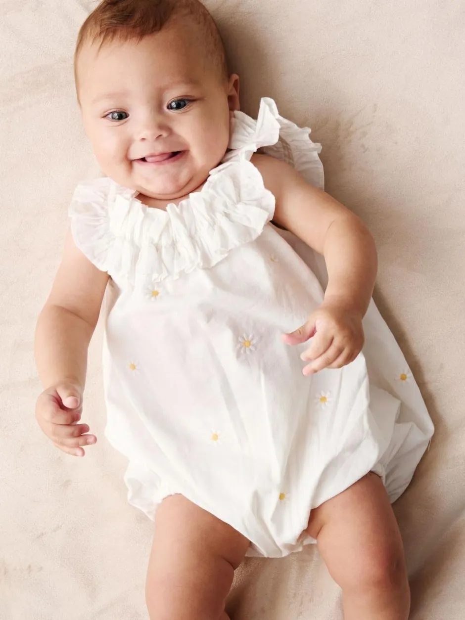 Angel & Rocket White Mila Daisy Embroidered Frill Rompersuits