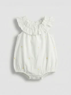 Angel & Rocket White Mila Daisy Embroidered Frill Rompersuits