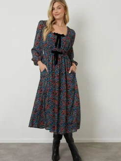 Another Sunday Bow Detail Milkmaid Midi Dress Black Discount