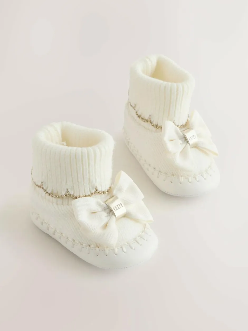 Baker by Ted Baker Baby Girls Scallop Edge Knitted Padders Booties with Bow Cream