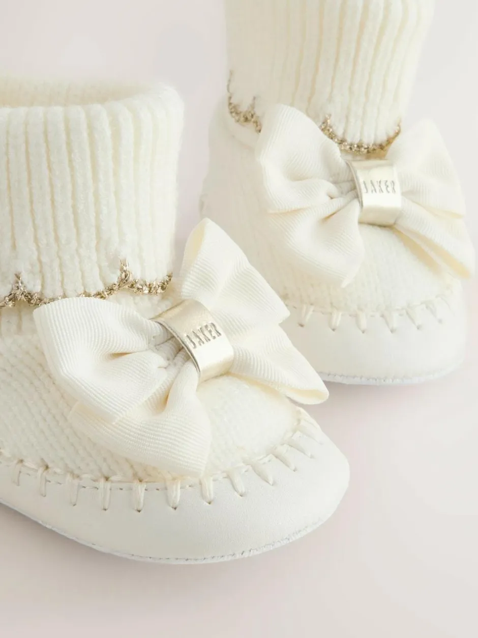 Baker by Ted Baker Baby Girls Scallop Edge Knitted Padders Booties with Bow Cream