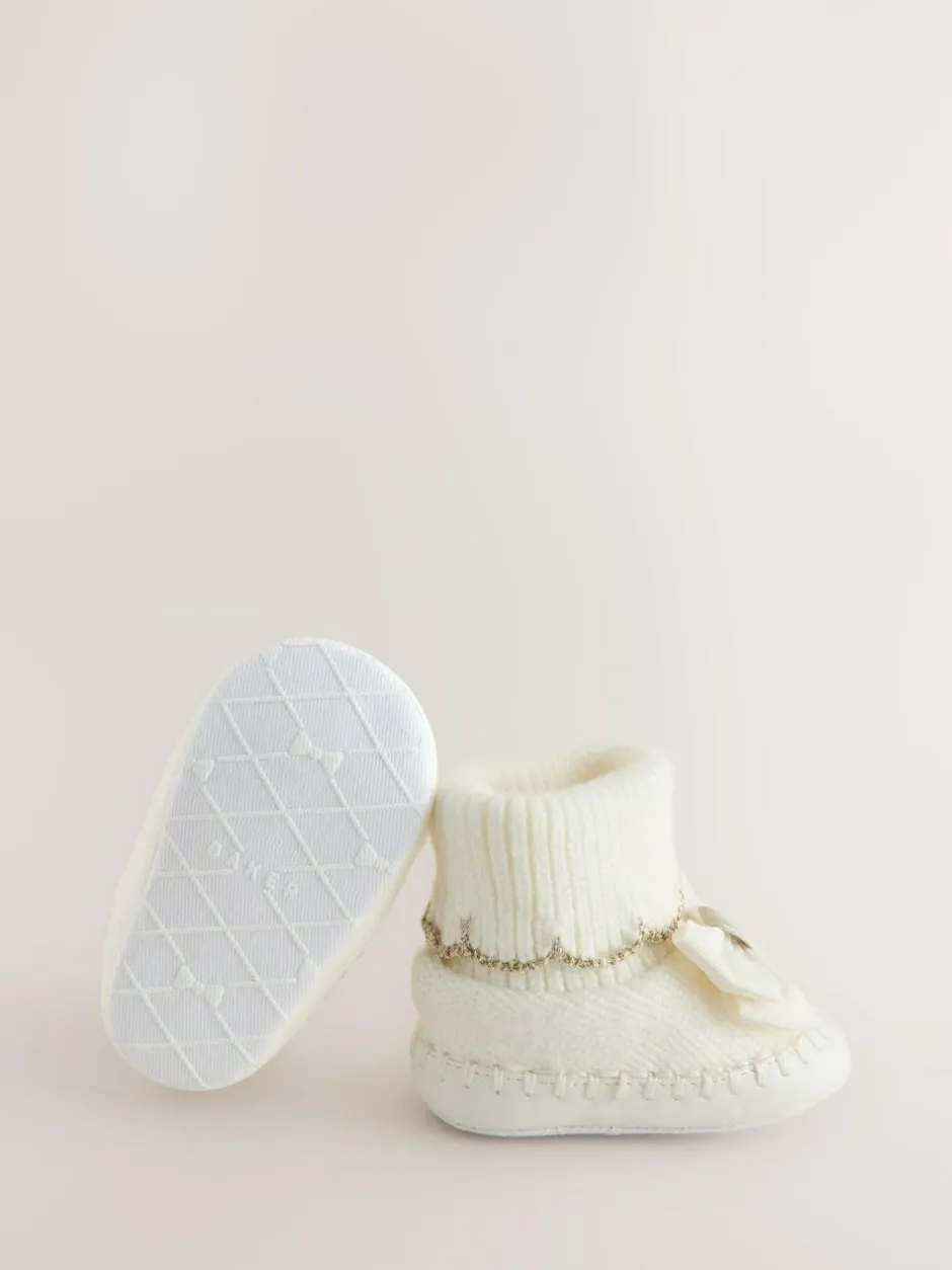 Baker by Ted Baker Baby Girls Scallop Edge Knitted Padders Booties with Bow Cream