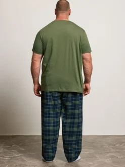 BadRhino Big & Tall Checked T-Shirt amd Pyjama Bottoms Set Green Clearance