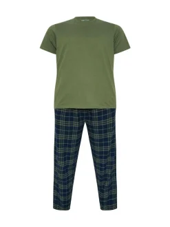 BadRhino Big & Tall Checked T-Shirt amd Pyjama Bottoms Set Green Clearance