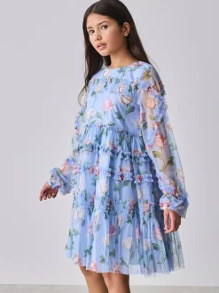 Baker by Ted Baker Blue Floral Mesh Ruffle Dress Discount