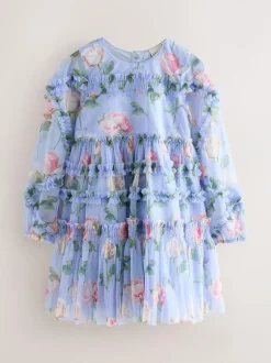 Baker by Ted Baker Blue Floral Mesh Ruffle Dress Discount