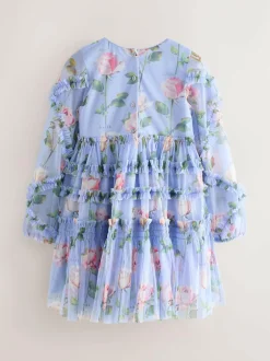 Baker by Ted Baker Blue Floral Mesh Ruffle Dress Discount