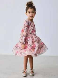 Baker by Ted Baker Floral Mesh Long Sleeve Bow Dress Outlet