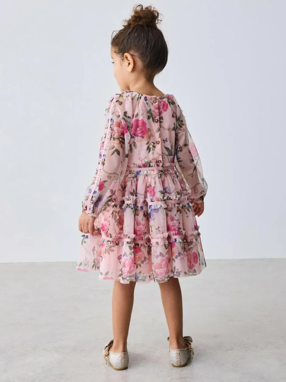 Baker by Ted Baker Floral Mesh Long Sleeve Bow Dress Outlet