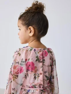 Baker by Ted Baker Floral Mesh Long Sleeve Bow Dress Outlet