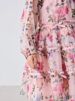Baker by Ted Baker Floral Mesh Long Sleeve Bow Dress Outlet