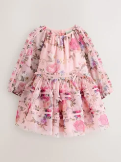 Baker by Ted Baker Floral Mesh Long Sleeve Bow Dress Outlet