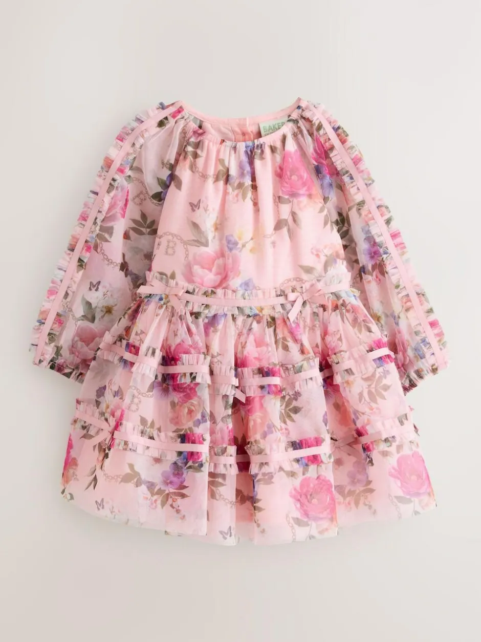 Baker by Ted Baker Floral Mesh Long Sleeve Bow Dress Outlet
