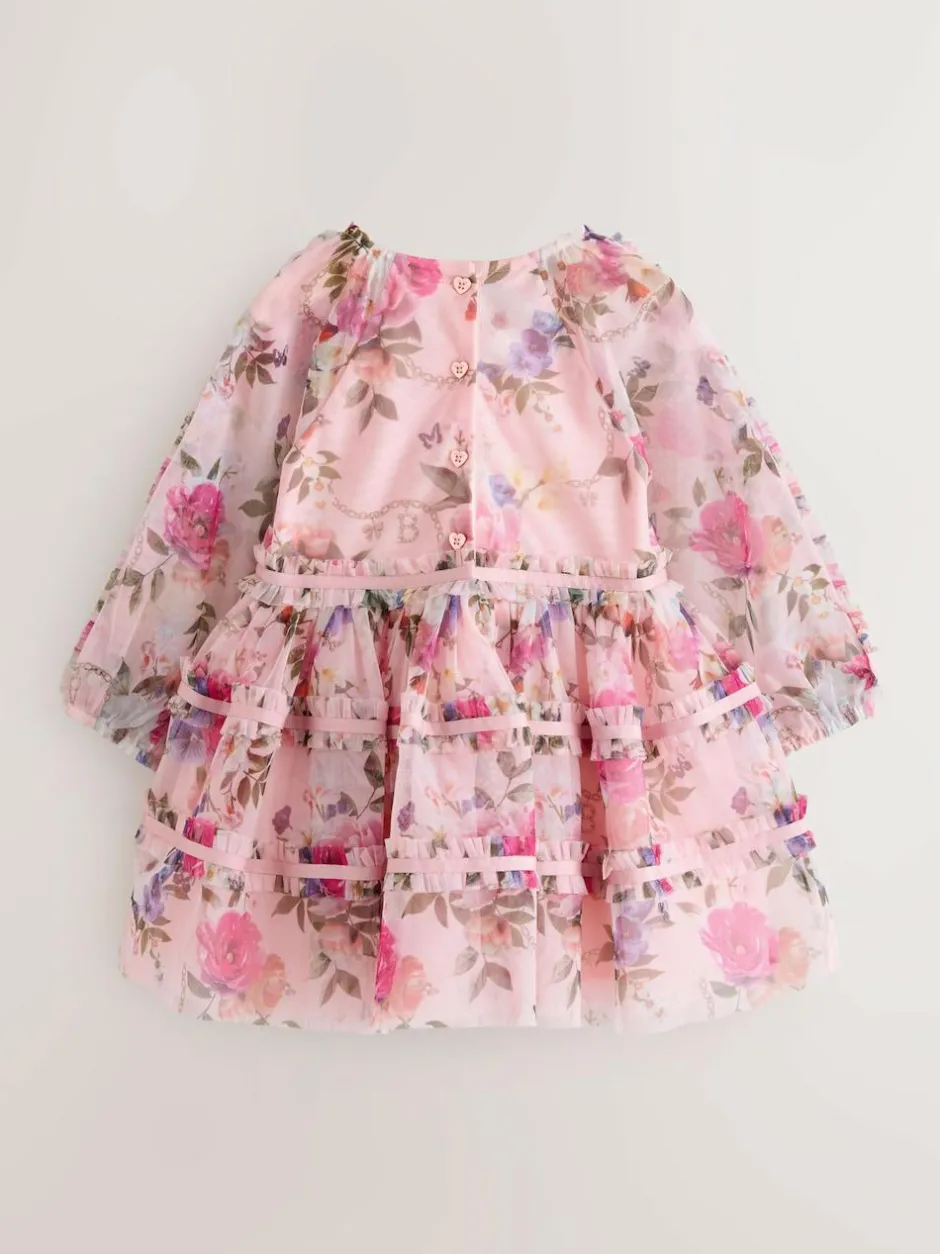 Baker by Ted Baker Floral Mesh Long Sleeve Bow Dress Outlet