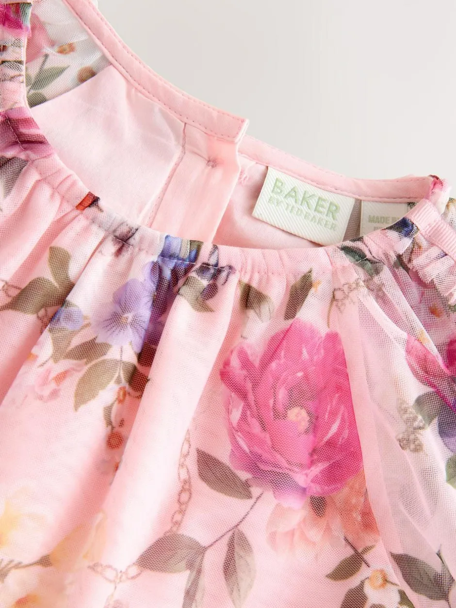 Baker by Ted Baker Floral Mesh Long Sleeve Bow Dress Outlet