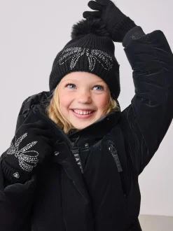 Baker by Ted Baker Girls Knitted Diamanté Bow Pom Hat and Gloves Set Black New