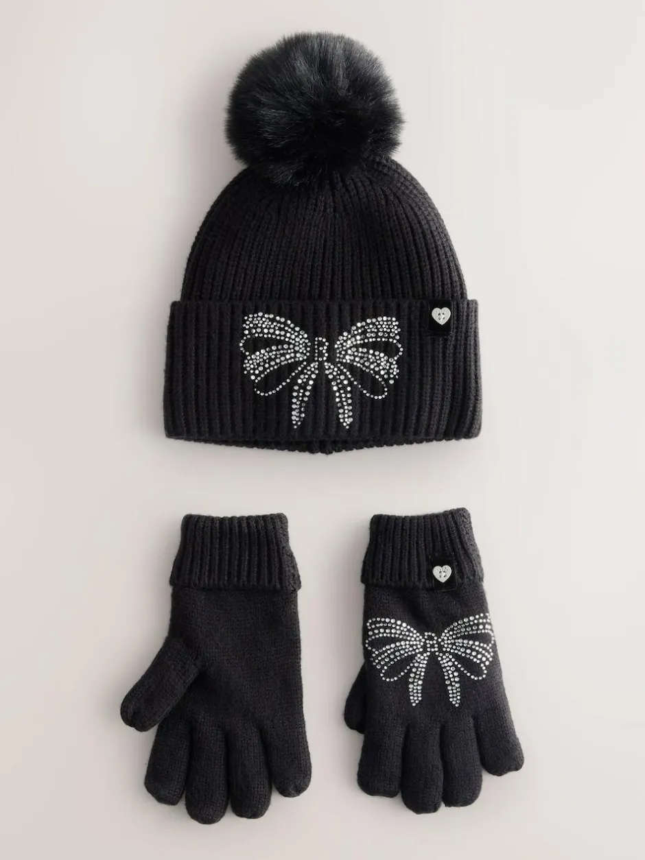 Baker by Ted Baker Girls Knitted Diamanté Bow Pom Hat and Gloves Set Black New