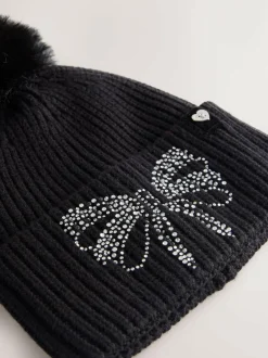 Baker by Ted Baker Girls Knitted Diamanté Bow Pom Hat and Gloves Set Black New