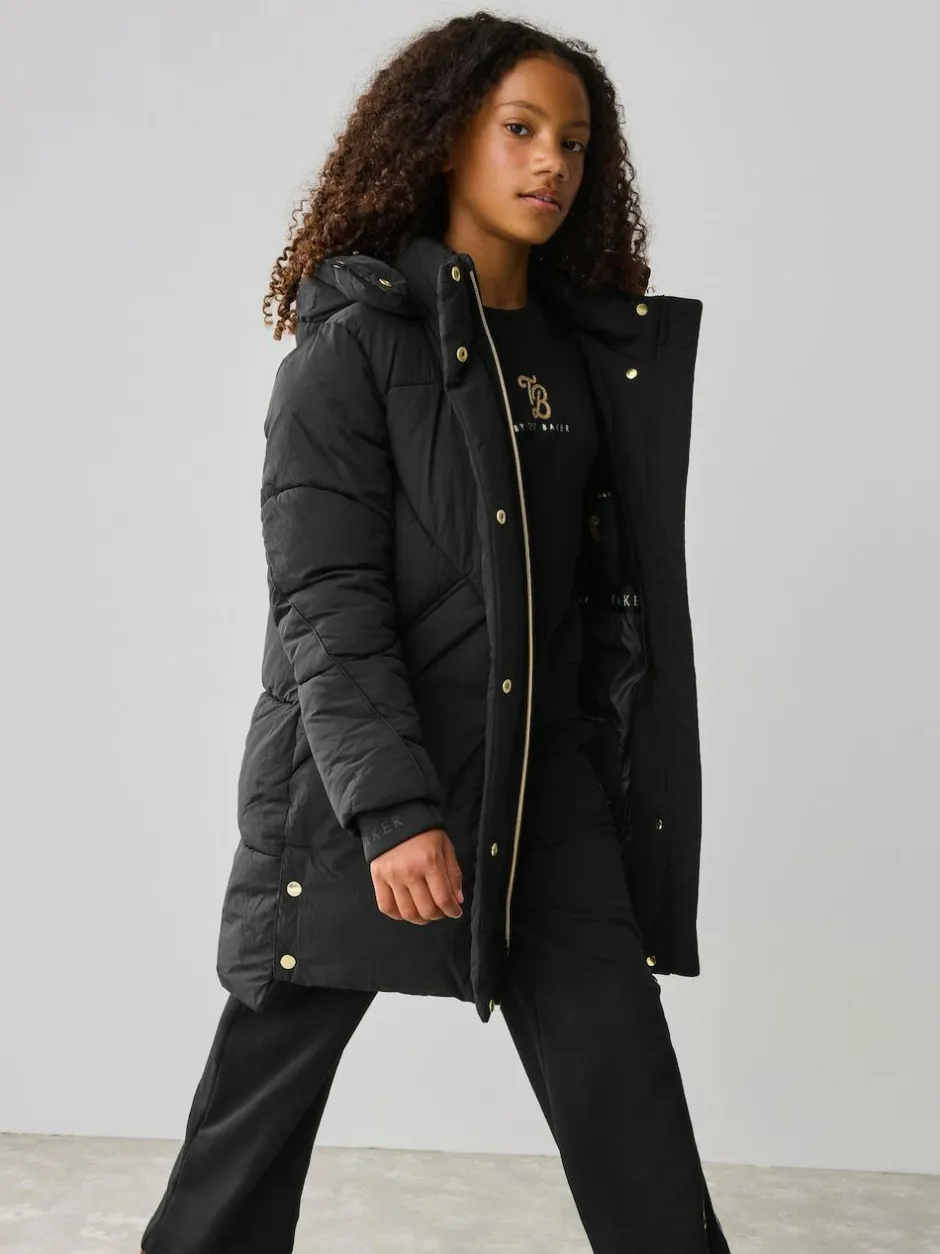 Baker by Ted Baker Girls Shower Resistant Longline Padded Coat Black Clearance