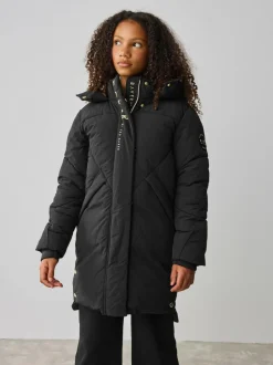 Baker by Ted Baker Girls Shower Resistant Longline Padded Coat Black Clearance