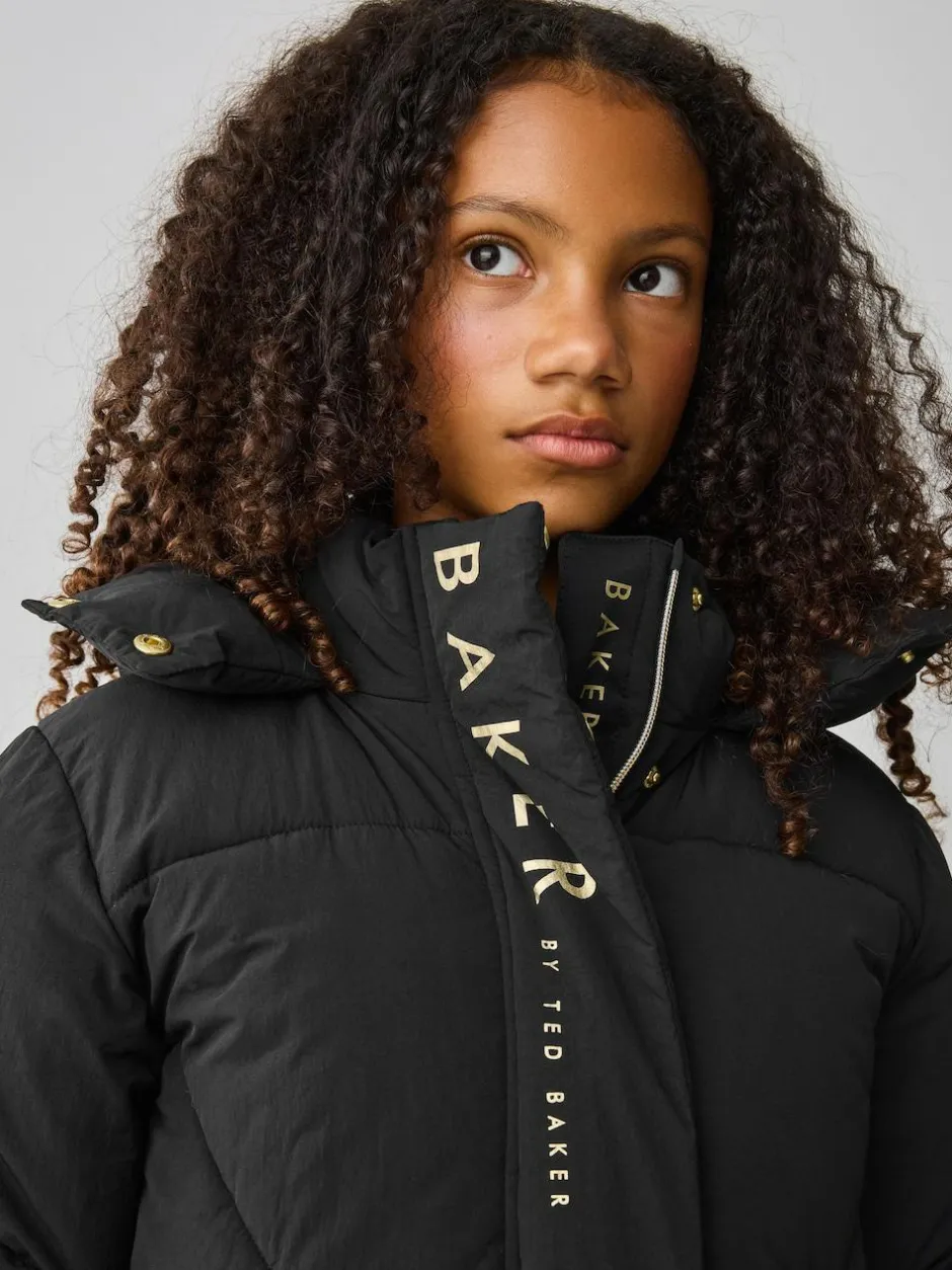 Baker by Ted Baker Girls Shower Resistant Longline Padded Coat Black Clearance