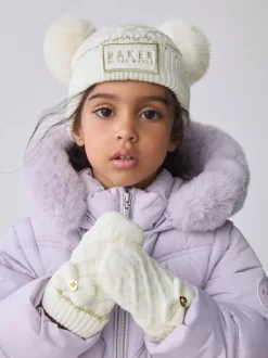Baker by Ted Baker Girls Double Pom Eared Hat and Mittens Set Cream Online