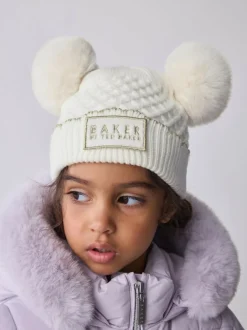 Baker by Ted Baker Girls Double Pom Eared Hat and Mittens Set Cream Online