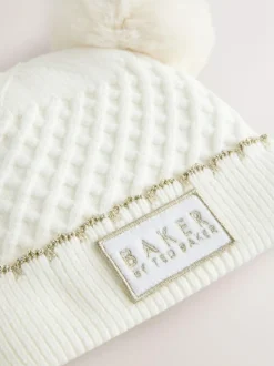 Baker by Ted Baker Girls Double Pom Eared Hat and Mittens Set Cream Online