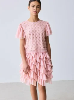 Baker by Ted Baker Pink 2 Piece Sequin Mesh Top & Ruffle Tier Skirt Set Outlet