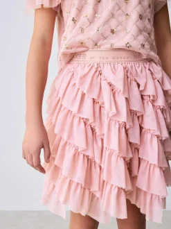 Baker by Ted Baker Pink 2 Piece Sequin Mesh Top & Ruffle Tier Skirt Set Outlet