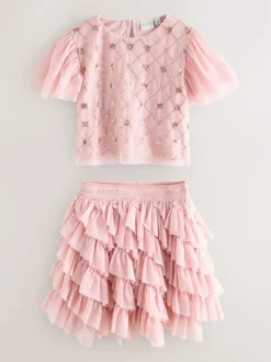 Baker by Ted Baker Pink 2 Piece Sequin Mesh Top & Ruffle Tier Skirt Set Outlet
