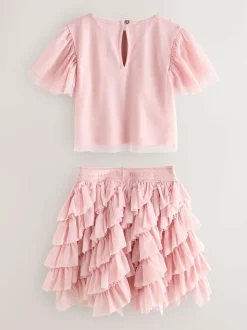 Baker by Ted Baker Pink 2 Piece Sequin Mesh Top & Ruffle Tier Skirt Set Outlet