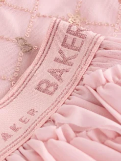 Baker by Ted Baker Pink 2 Piece Sequin Mesh Top & Ruffle Tier Skirt Set Outlet