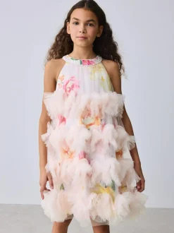 Baker by Ted Baker Pink 3D Fluffy Ruffle Mesh Overlay Halter Dress Best