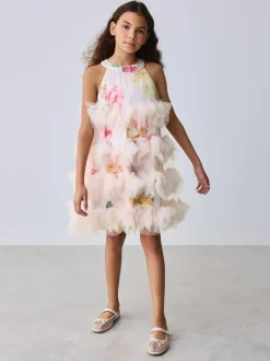Baker by Ted Baker Pink 3D Fluffy Ruffle Mesh Overlay Halter Dress Best